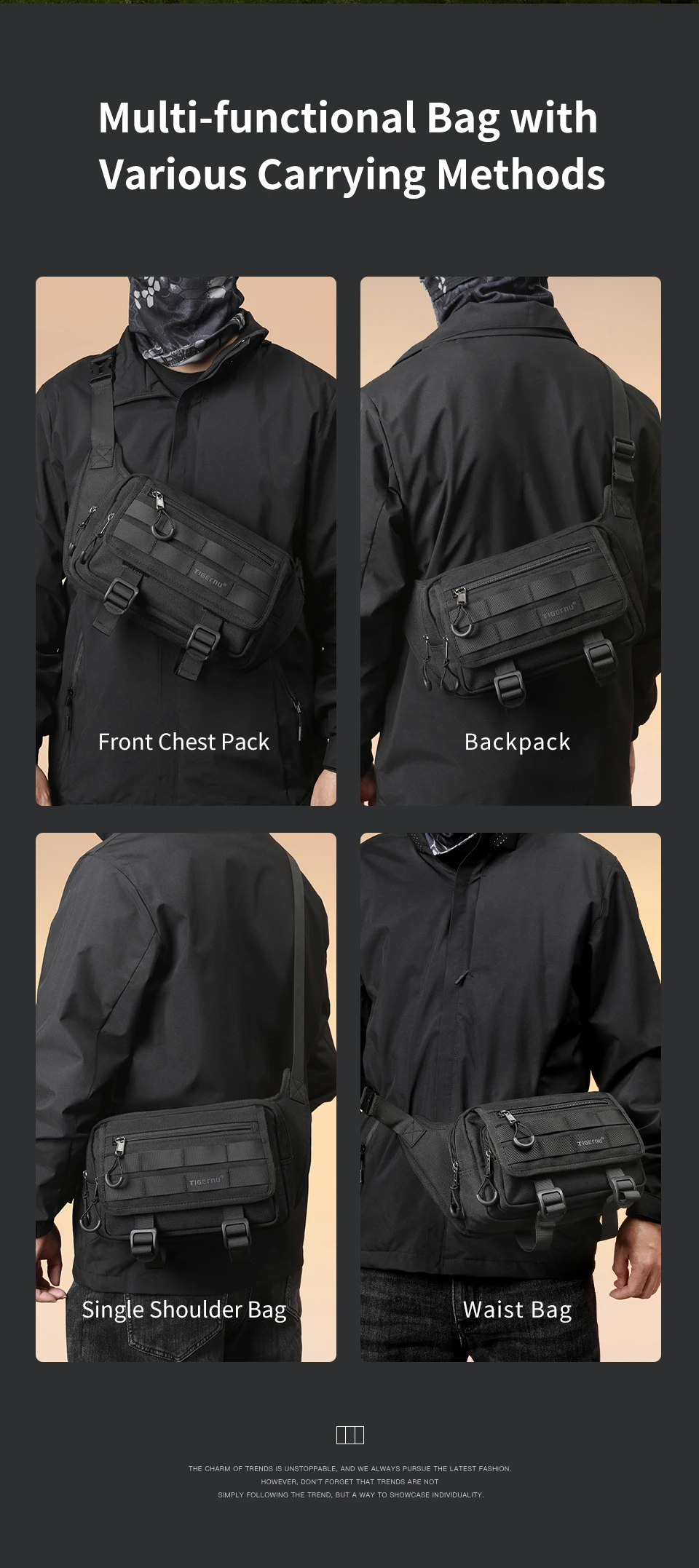 Tigernu Men's Crossbody Bag Large Capacity Waist Bag Male Sling Bag Hunting Outdoor Chest Bag Hiking Messenger Bag