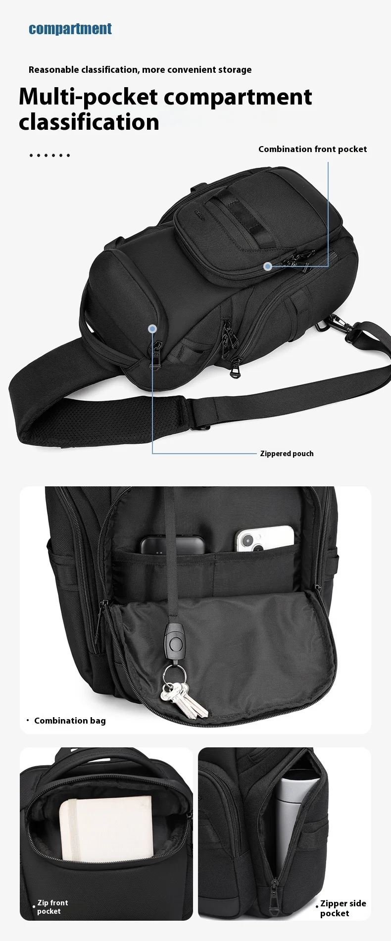 OZUKO Business Commuter Men's Chest Bag Fashion Multi-functional Shoulder Bag Lightweight Travel Waterproof Crossbody Bag