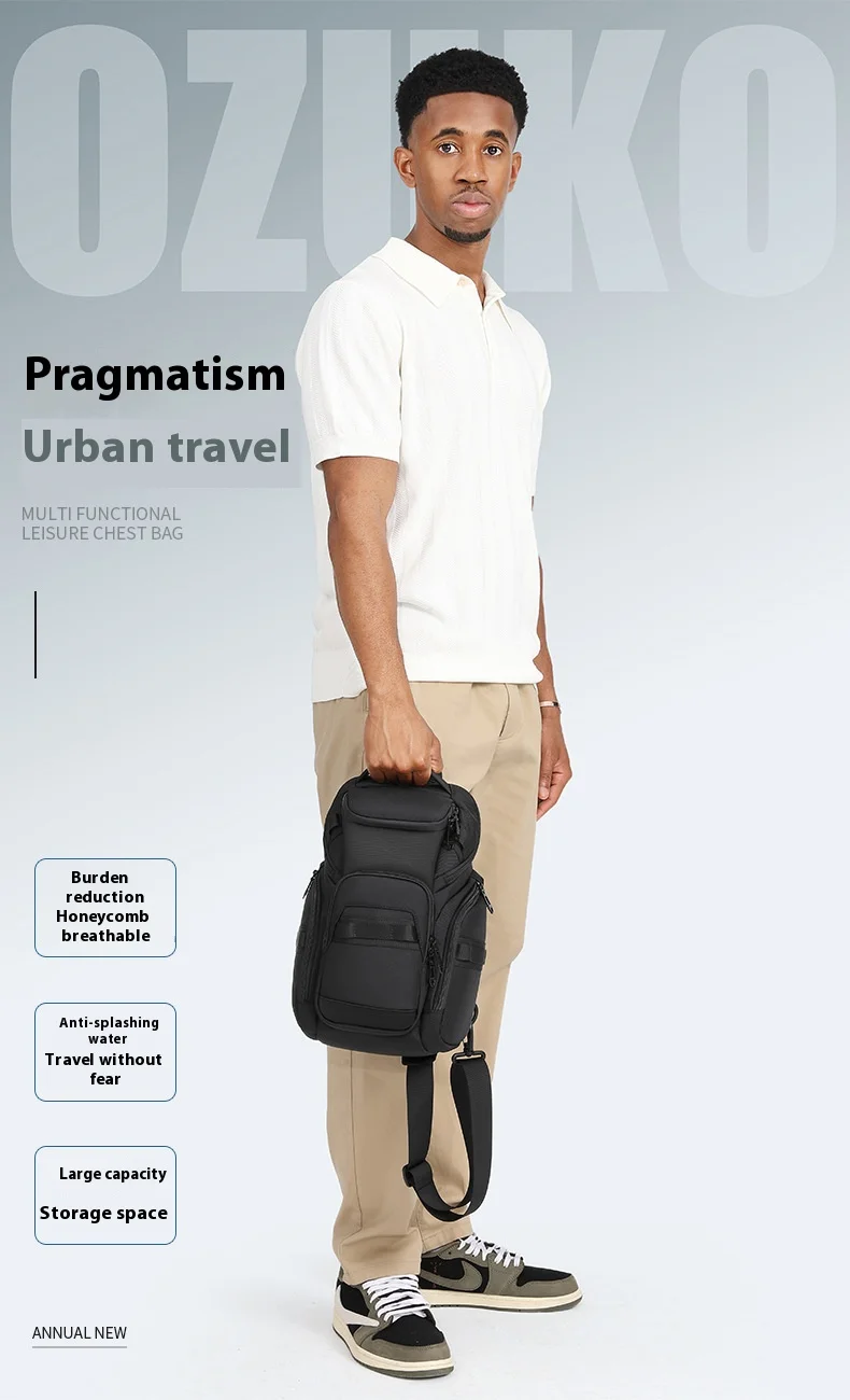 OZUKO Business Commuter Men's Chest Bag Fashion Multi-functional Shoulder Bag Lightweight Travel Waterproof Crossbody Bag
