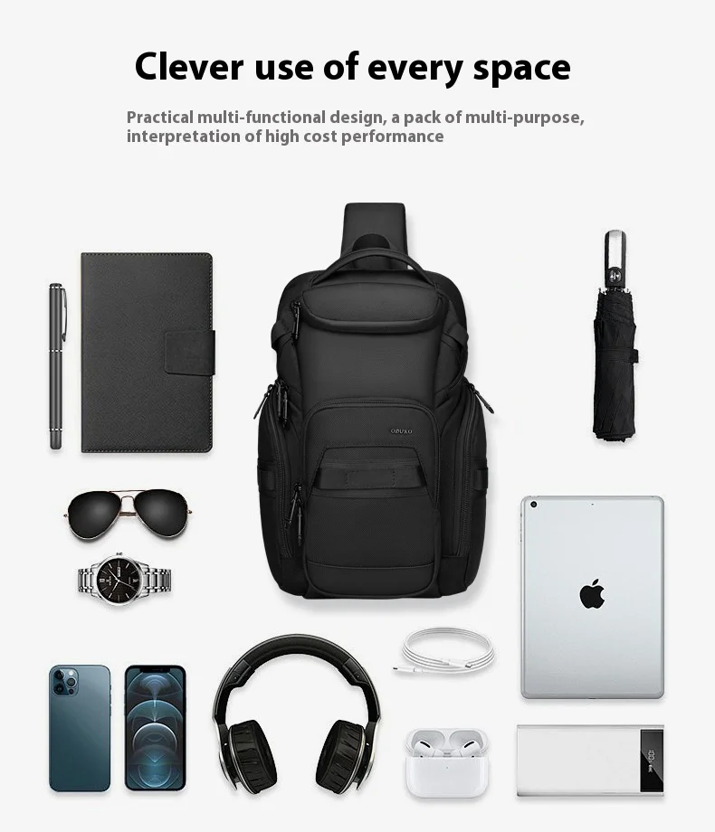 OZUKO Business Commuter Men's Chest Bag Fashion Multi-functional Shoulder Bag Lightweight Travel Waterproof Crossbody Bag