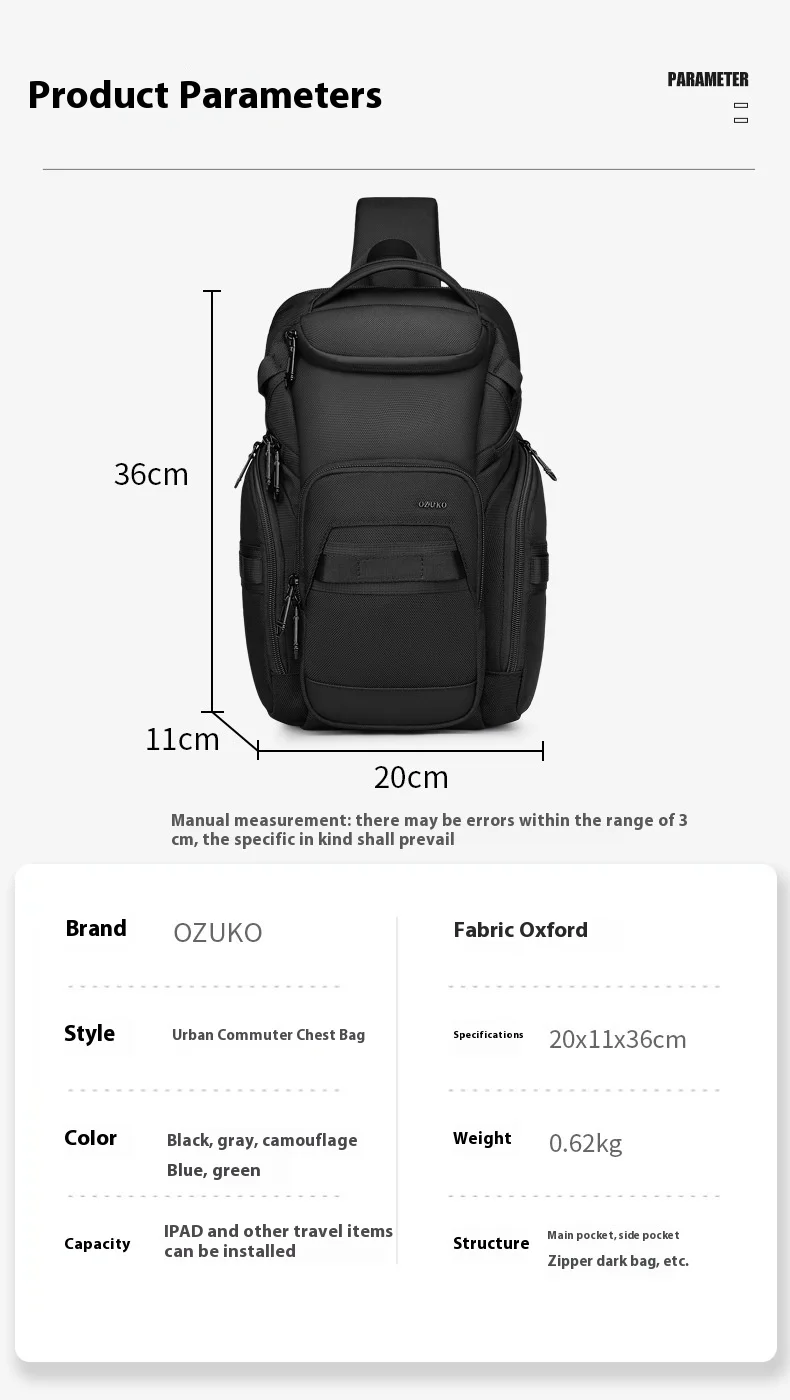 OZUKO Business Commuter Men's Chest Bag Fashion Multi-functional Shoulder Bag Lightweight Travel Waterproof Crossbody Bag