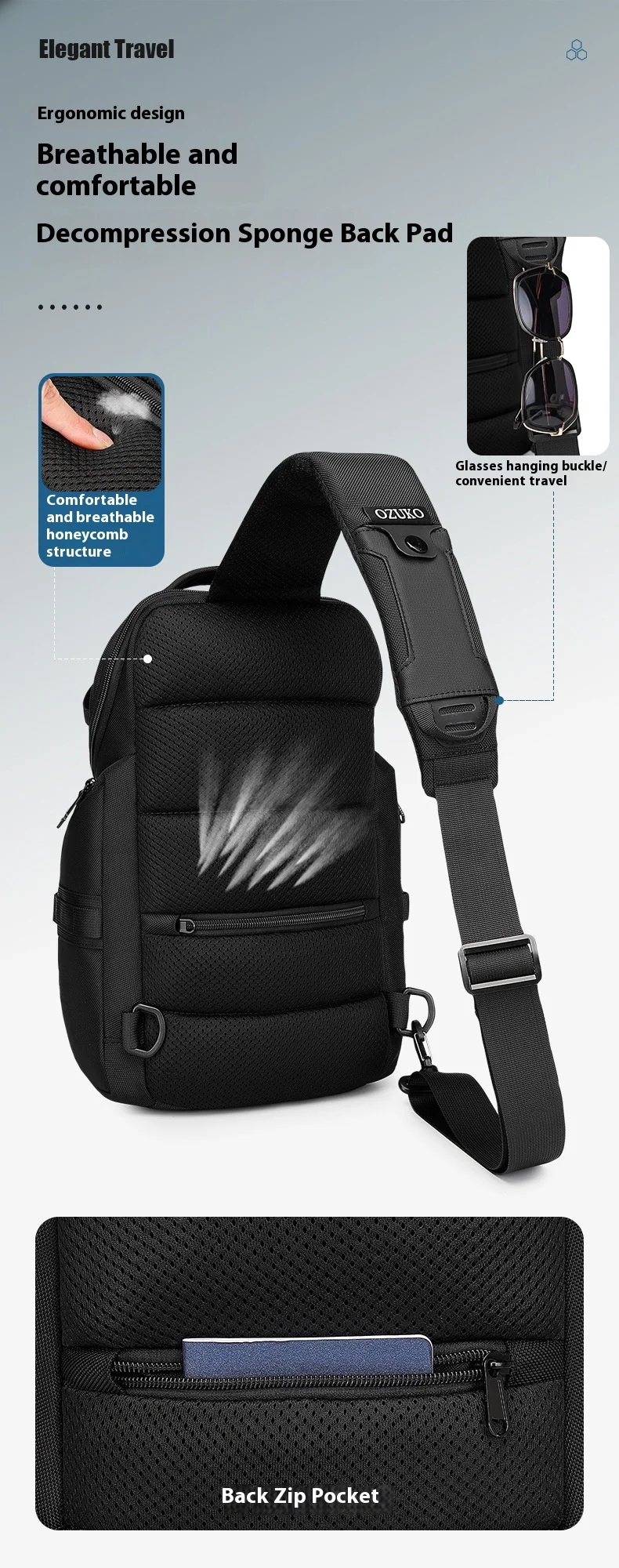 OZUKO Business Commuter Men's Chest Bag Fashion Multi-functional Shoulder Bag Lightweight Travel Waterproof Crossbody Bag