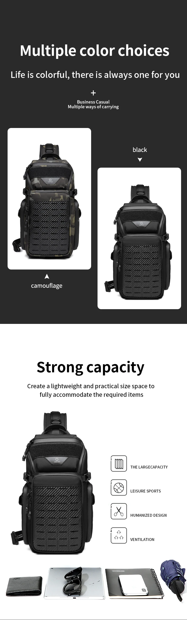 OZUKO Men Chest Bags Outdoor Sports Tactical Crossbody Sling Bags Male Waterproof Travel Multifunctional Shoulder Messenger Bag