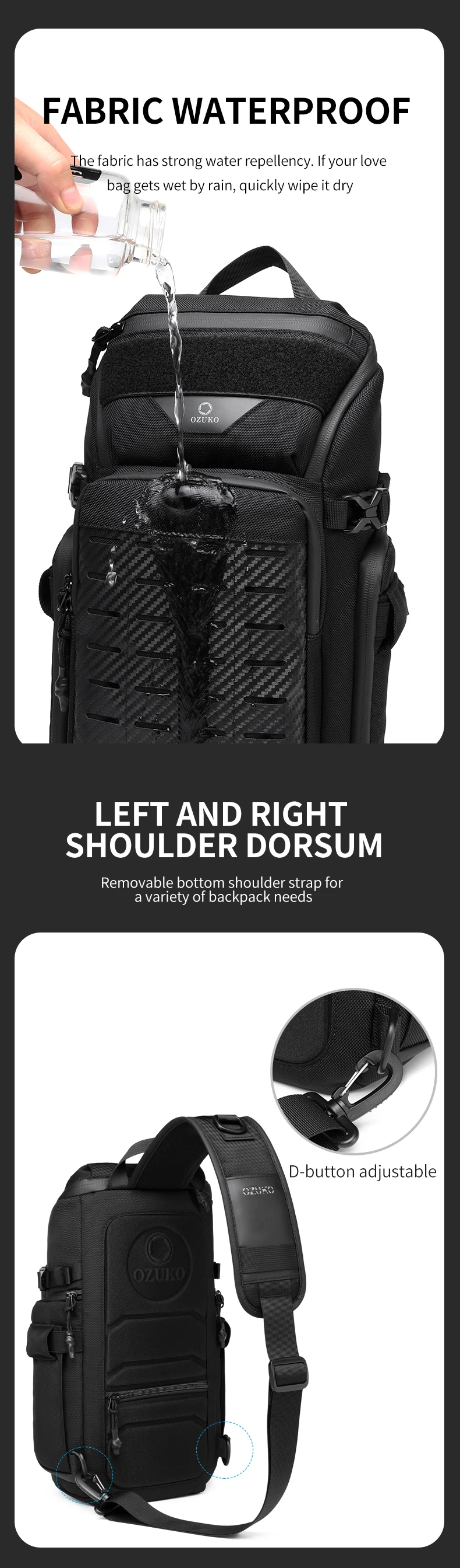 OZUKO Men Chest Bags Outdoor Sports Tactical Crossbody Sling Bags Male Waterproof Travel Multifunctional Shoulder Messenger Bag