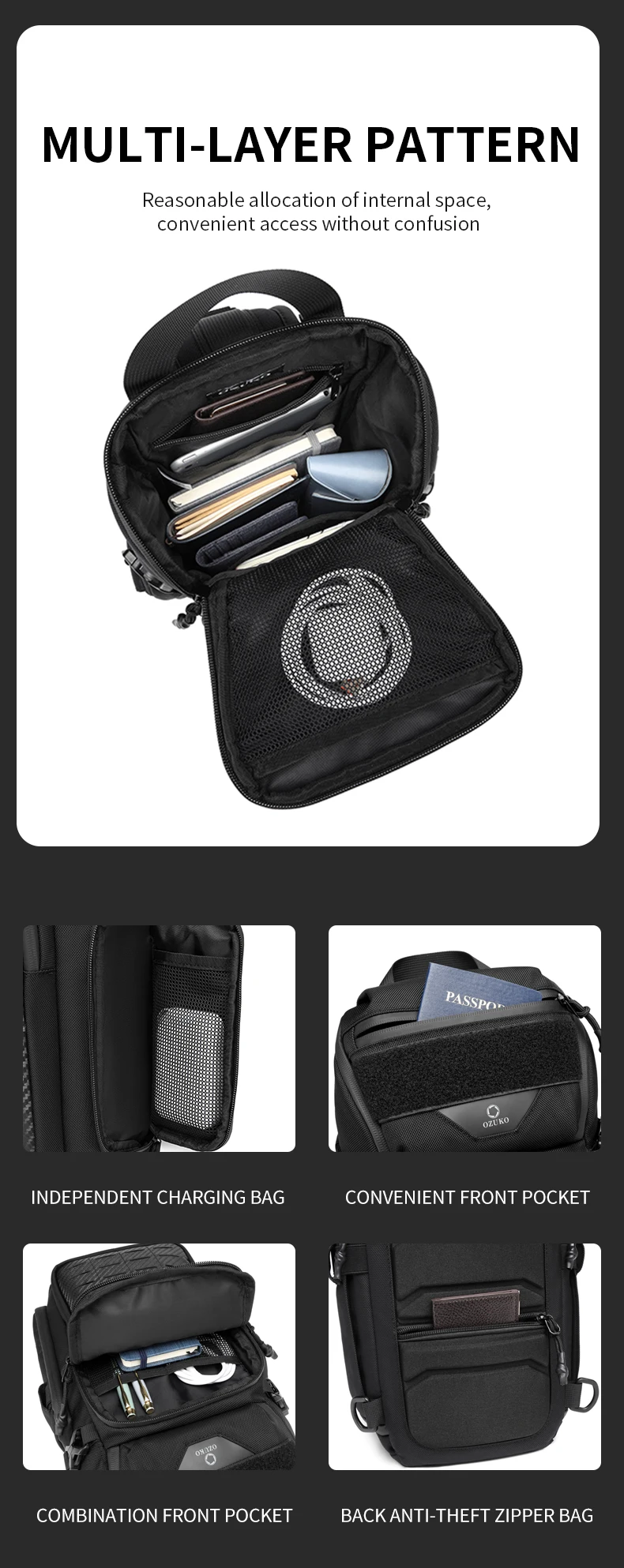 OZUKO Men Chest Bags Outdoor Sports Tactical Crossbody Sling Bags Male Waterproof Travel Multifunctional Shoulder Messenger Bag