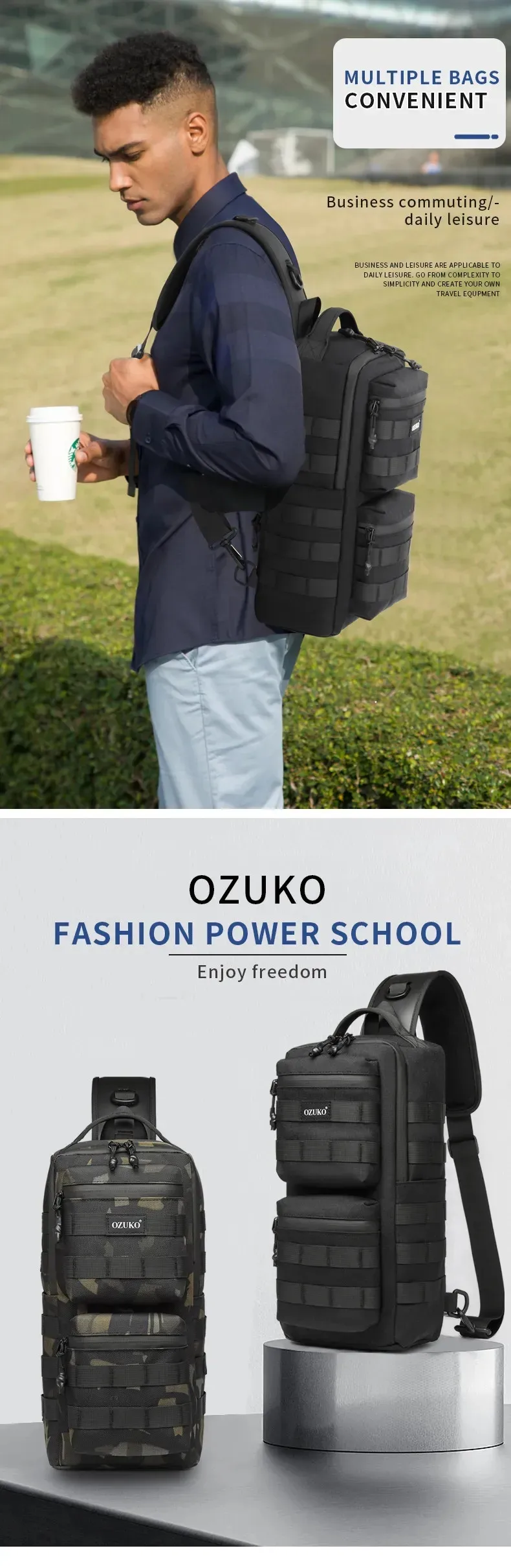 Ozuko Tactical Chest Bag Outdoor Sports Men's Oblique Straddle Shoulder Bag Waterproof Men's One Shoulder Crossbody Flex Bag