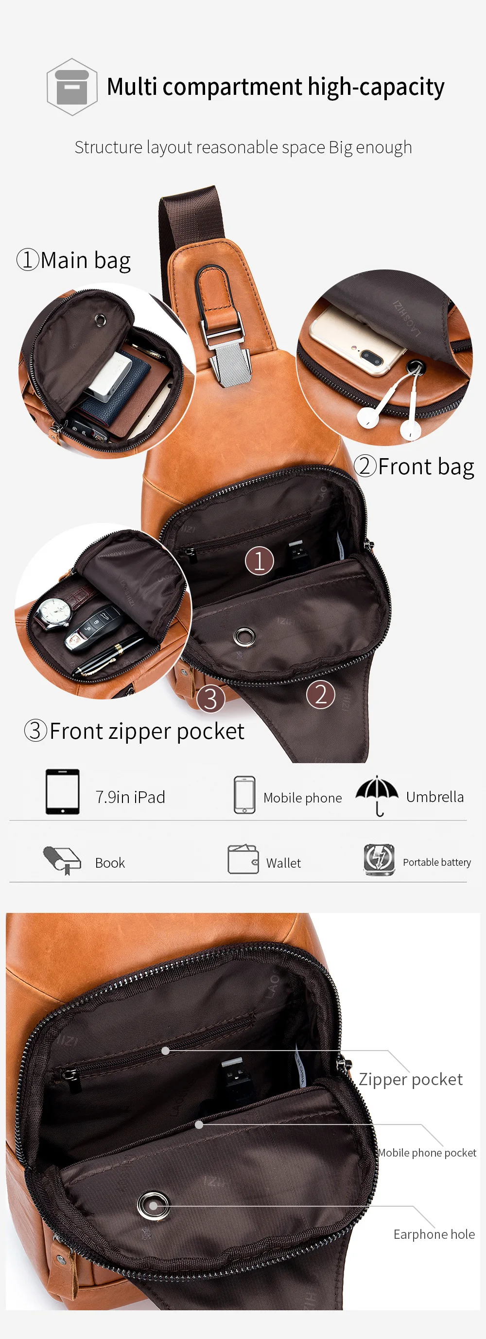 New 100% Genuine Leather Chest Bag Men's Fashion Style Casual Crossbody Bags With USB Large Capacity Men's Shoulder Bag