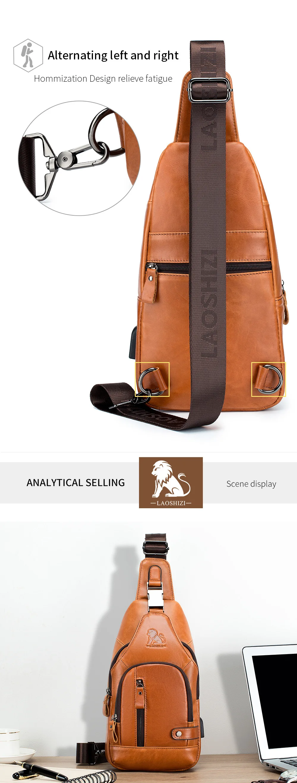 New 100% Genuine Leather Chest Bag Men's Fashion Style Casual Crossbody Bags With USB Large Capacity Men's Shoulder Bag