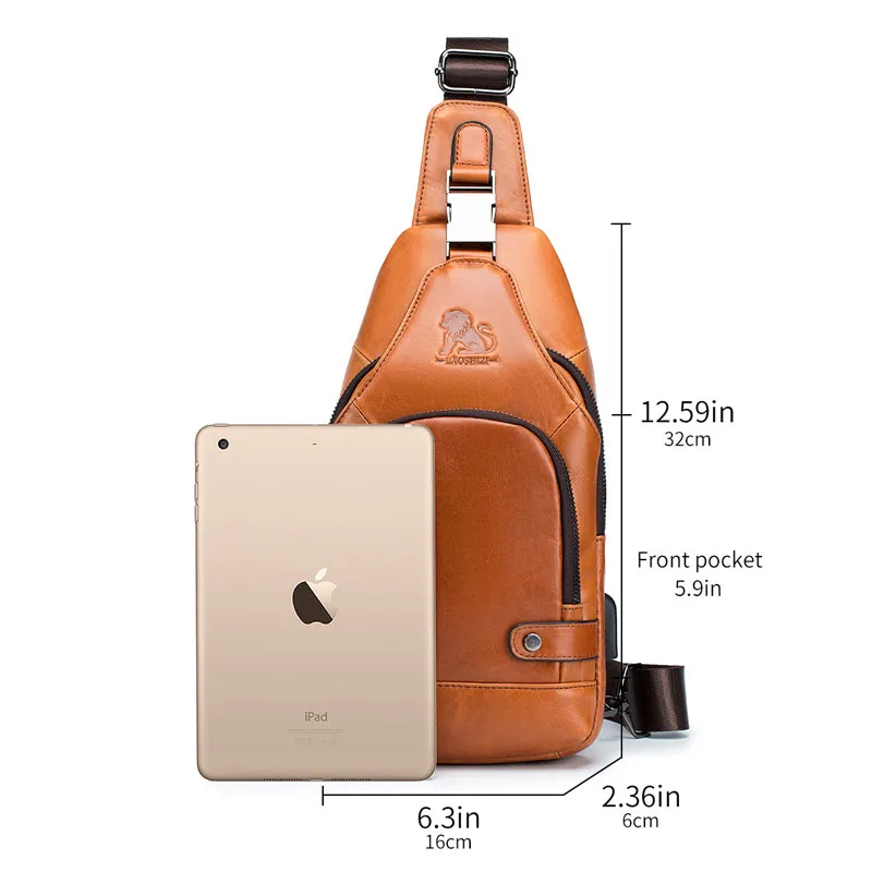 New 100% Genuine Leather Chest Bag Men's Fashion Style Casual Crossbody Bags With USB Large Capacity Men's Shoulder Bag