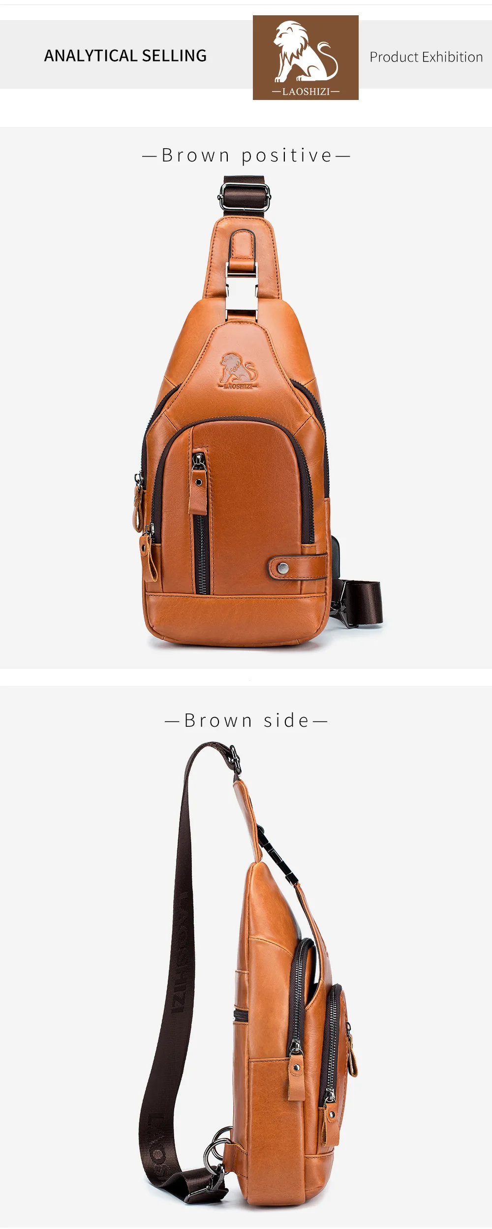 New 100% Genuine Leather Chest Bag Men's Fashion Style Casual Crossbody Bags With USB Large Capacity Men's Shoulder Bag