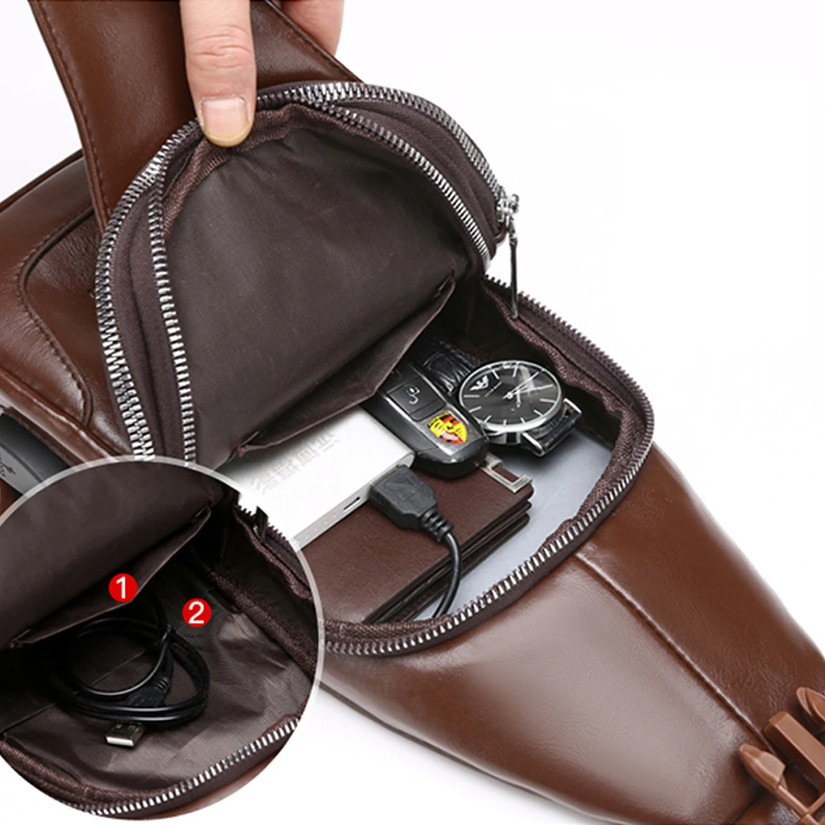 Business Casual Men Chest Bag USB Port Multi-Pocket PU Stitched Luster Zipper Shoulder Bag for Commute Shopping Storage Bag