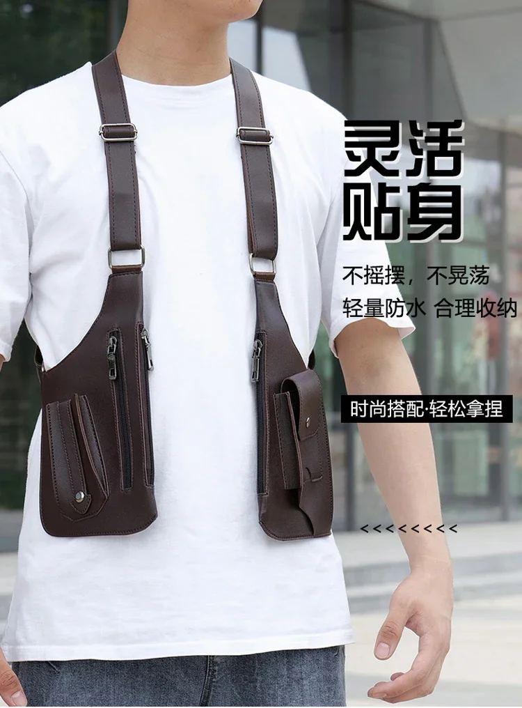 Luxury Design Men's Tactical Vest Bag High Quality PU Leather Man Chest bag Phone Pouch Vintage Design Underarm Back Pack Bags