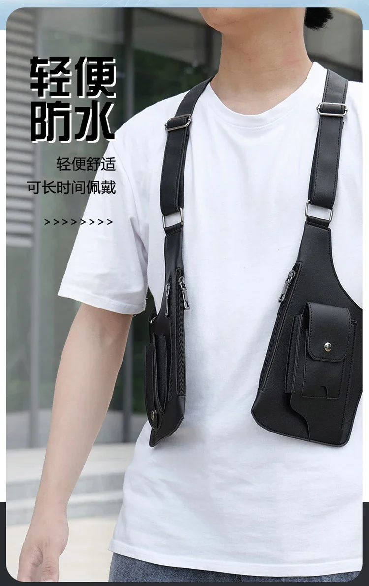 Luxury Design Men's Tactical Vest Bag High Quality PU Leather Man Chest bag Phone Pouch Vintage Design Underarm Back Pack Bags