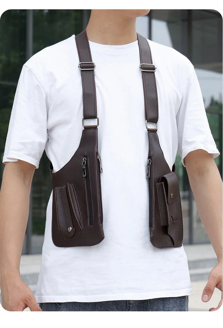 Luxury Design Men's Tactical Vest Bag High Quality PU Leather Man Chest bag Phone Pouch Vintage Design Underarm Back Pack Bags