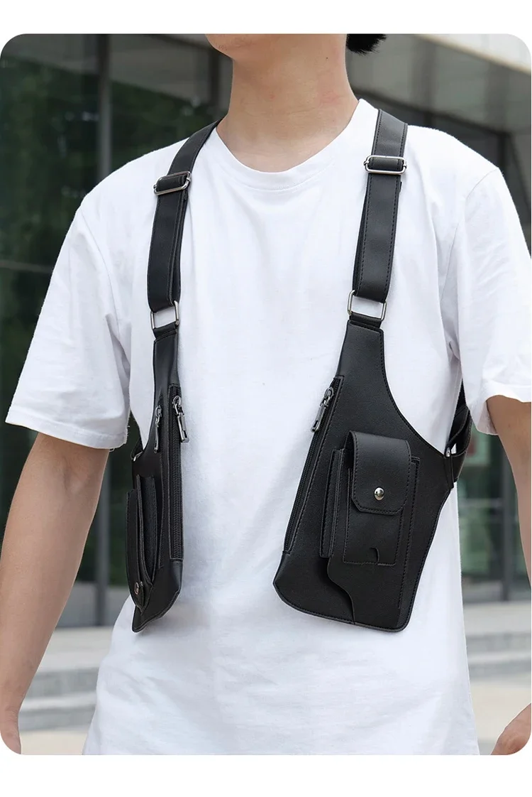 Luxury Design Men's Tactical Vest Bag High Quality PU Leather Man Chest bag Phone Pouch Vintage Design Underarm Back Pack Bags