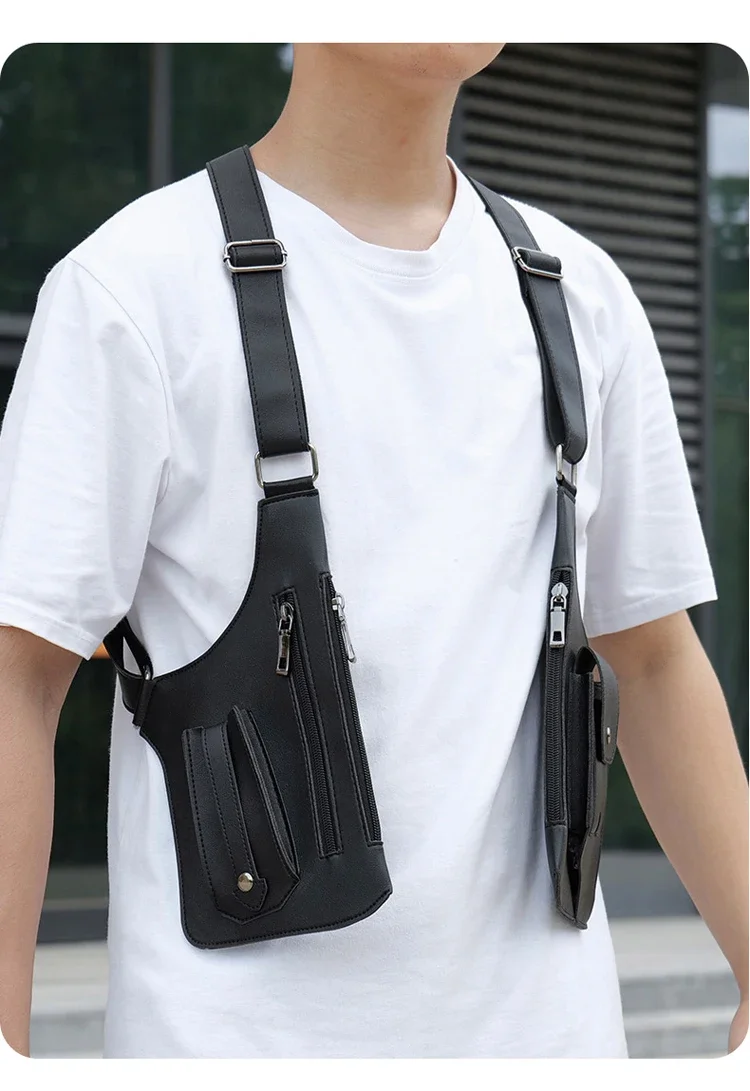 Luxury Design Men's Tactical Vest Bag High Quality PU Leather Man Chest bag Phone Pouch Vintage Design Underarm Back Pack Bags