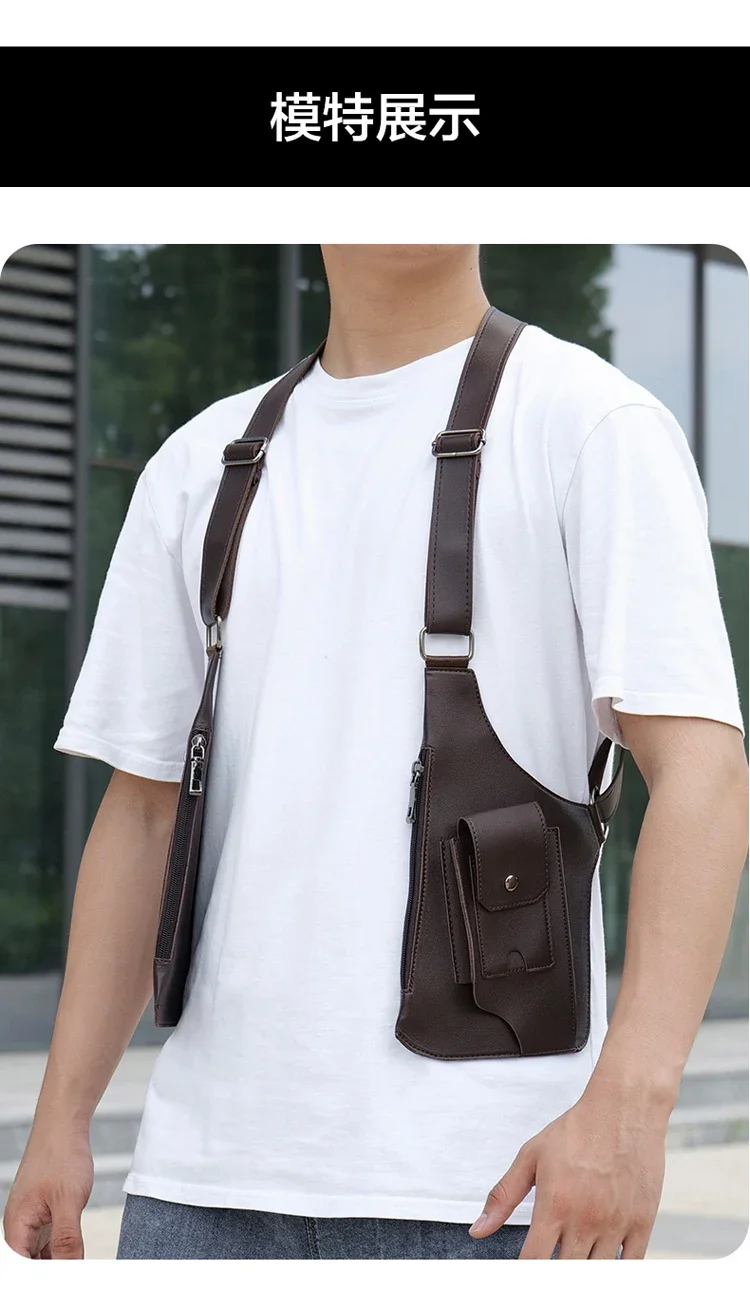Luxury Design Men's Tactical Vest Bag High Quality PU Leather Man Chest bag Phone Pouch Vintage Design Underarm Back Pack Bags