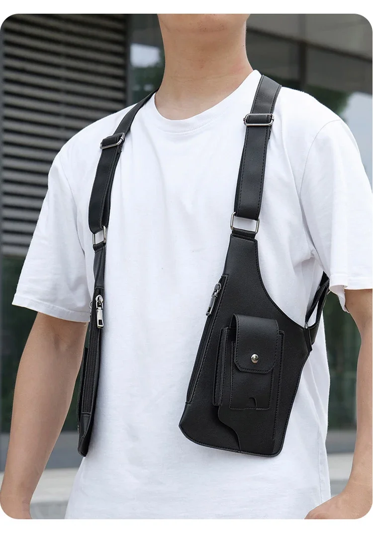 Luxury Design Men's Tactical Vest Bag High Quality PU Leather Man Chest bag Phone Pouch Vintage Design Underarm Back Pack Bags
