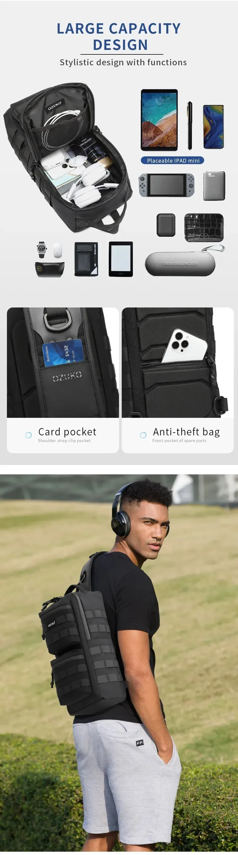 Ozuko Chest Bag Outdoor Sports Men's Oblique Straddle Shoulder Bag Waterproof Men's One Shoulder Crossbody Bag