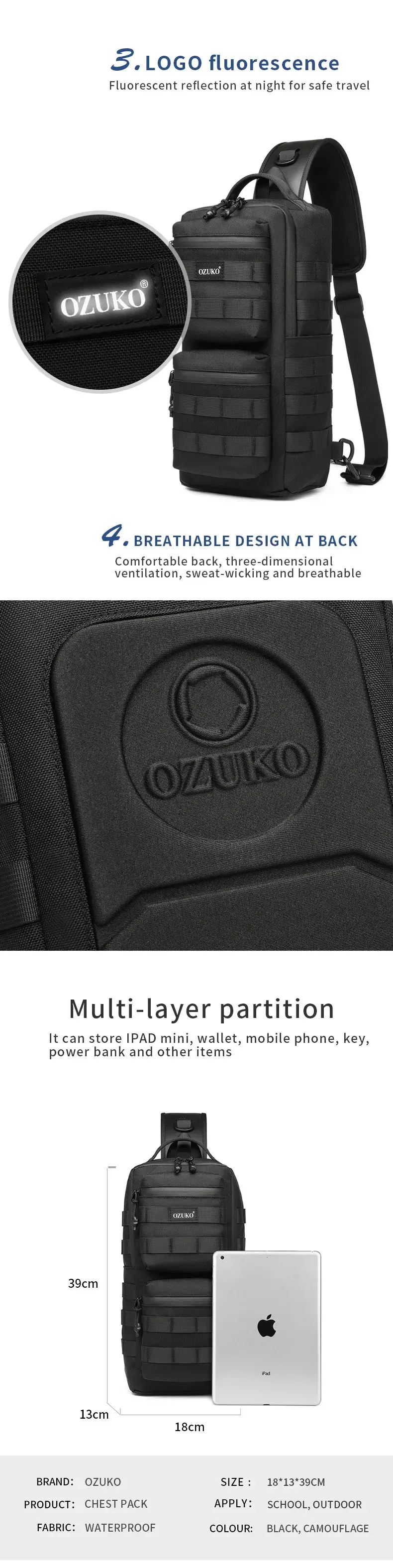 Ozuko Chest Bag Outdoor Sports Men's Oblique Straddle Shoulder Bag Waterproof Men's One Shoulder Crossbody Bag
