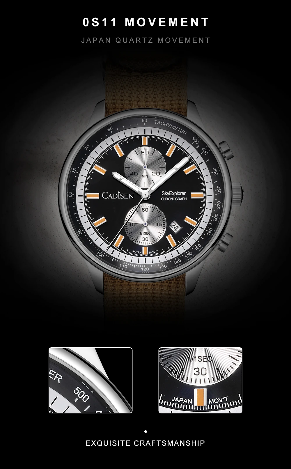 CADISEN New Mens Watches Luxury Quartz Watch For Man Chronograph Japan MIYOTA 0S11 Men Gift Luminous Waterproof Canvas Wristwatc