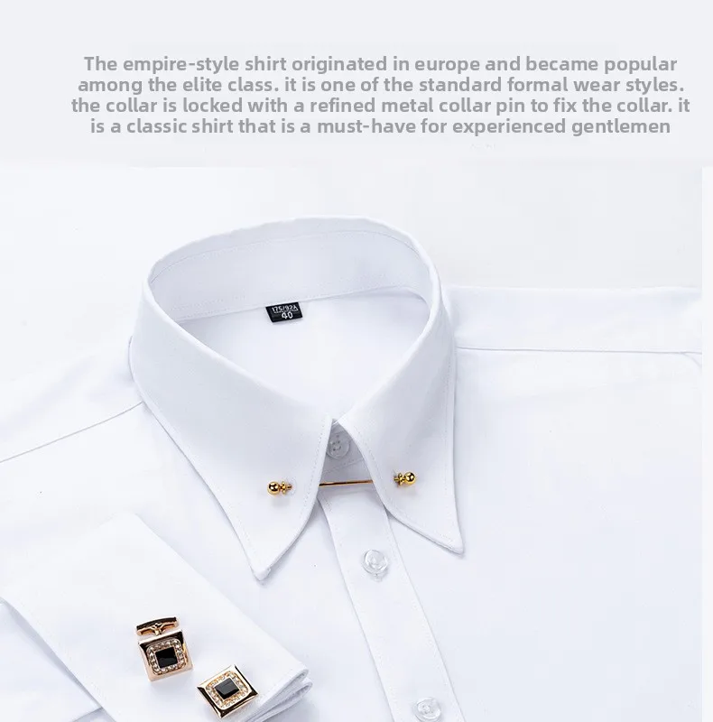 Empire Collar French Cufflinks Embroidered Men's Long-Sleeve Shirt with Big Collar Pins Man Dress Shirt for Business Formal Wear