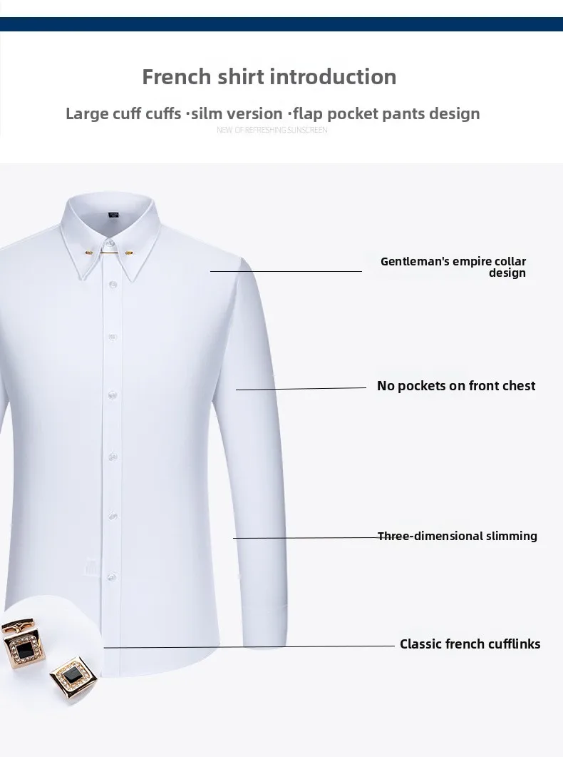 Empire Collar French Cufflinks Embroidered Men's Long-Sleeve Shirt with Big Collar Pins Man Dress Shirt for Business Formal Wear