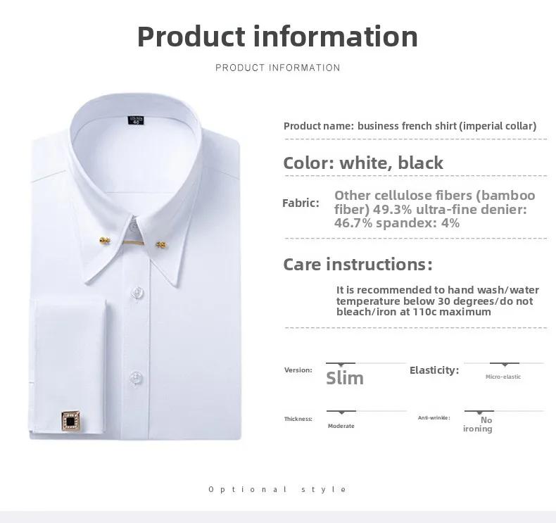 Empire Collar French Cufflinks Embroidered Men's Long-Sleeve Shirt with Big Collar Pins Man Dress Shirt for Business Formal Wear