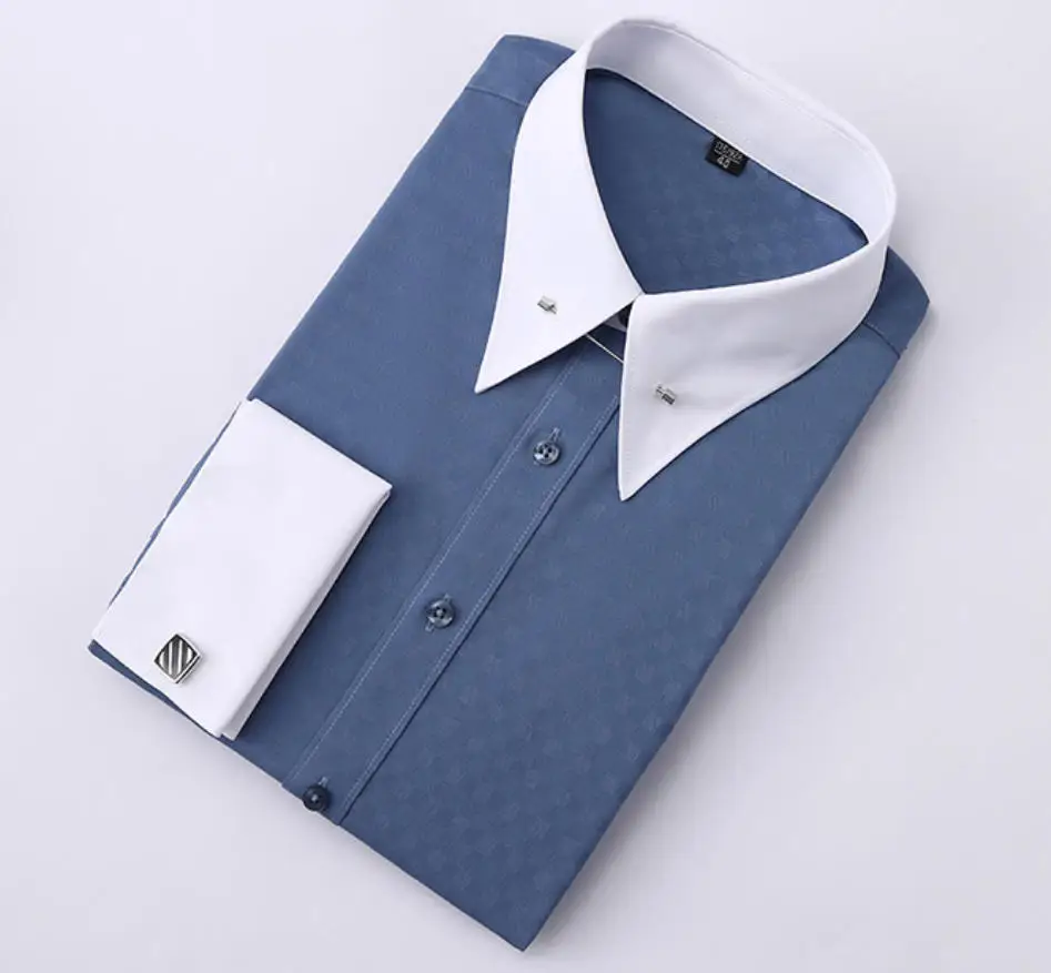 Empire Collar French Cufflinks Embroidered Men's Long-Sleeve Shirt with Big Collar Pins Man Dress Shirt for Business Formal Wear