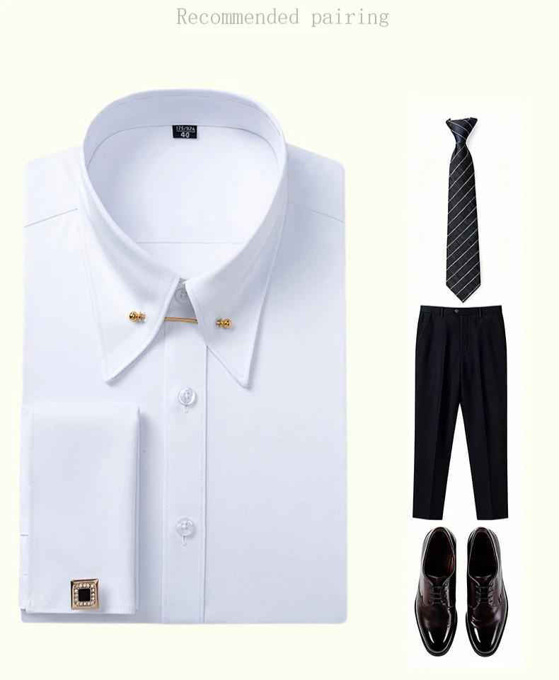 Empire Collar French Cufflinks Embroidered Men's Long-Sleeve Shirt with Big Collar Pins Man Dress Shirt for Business Formal Wear