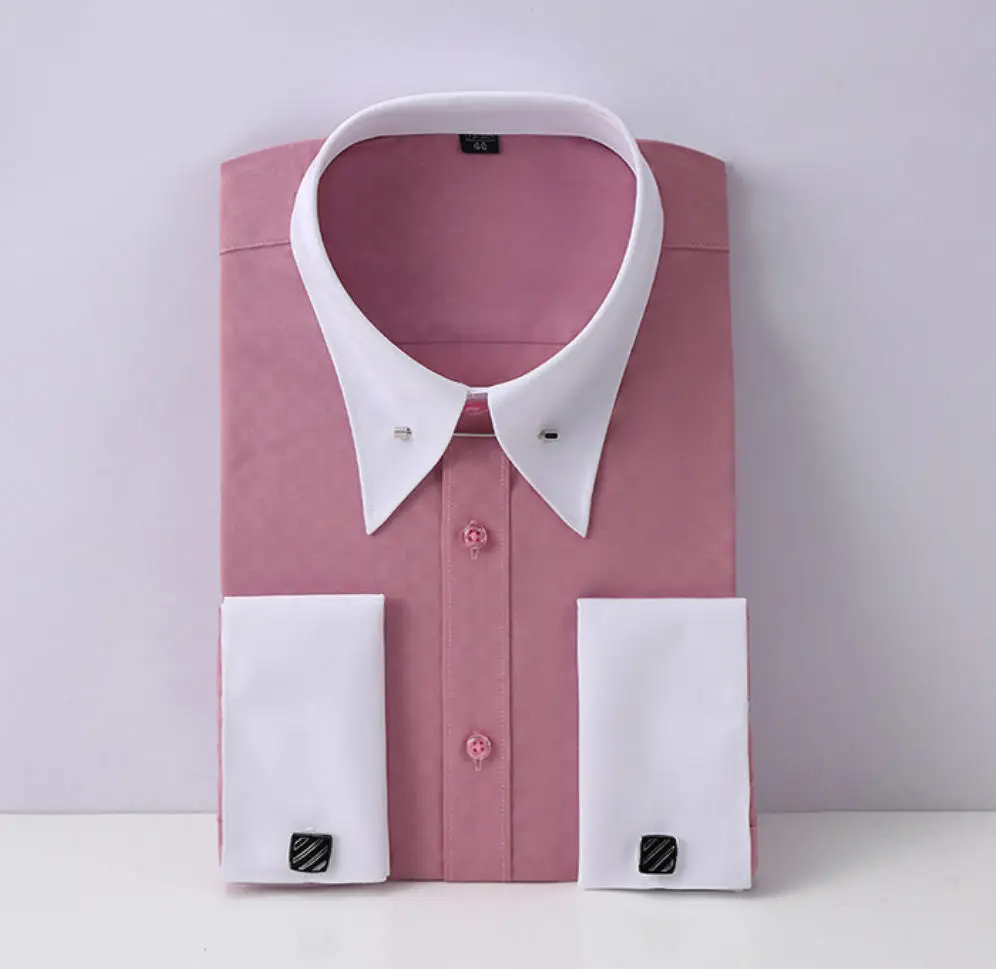 Empire Collar French Cufflinks Embroidered Men's Long-Sleeve Shirt with Big Collar Pins Man Dress Shirt for Business Formal Wear
