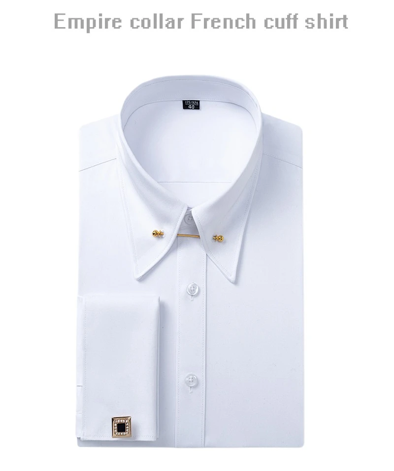 Empire Collar French Cufflinks Embroidered Men's Long-Sleeve Shirt with Big Collar Pins Man Dress Shirt for Business Formal Wear