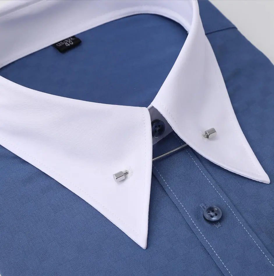 Empire Collar French Cufflinks Embroidered Men's Long-Sleeve Shirt with Big Collar Pins Man Dress Shirt for Business Formal Wear