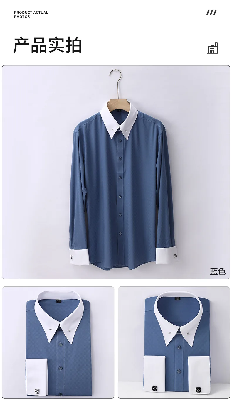 Empire Collar French Cufflinks Embroidered Men's Long-Sleeve Shirt with Big Collar Pins Man Dress Shirt for Business Formal Wear