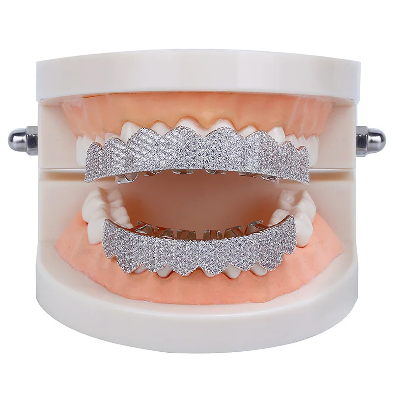 TOPGRILLZ Fit Gold Silver Color Iced Out Hip Hop Teeth Grillz Micro Pave Cubic Zircon Top & Bottom Teeth Grills Set