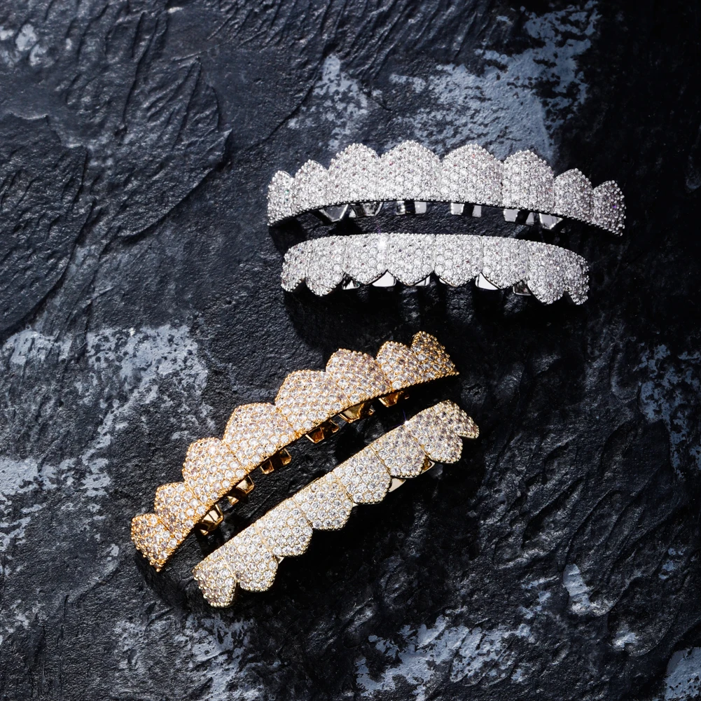 TOPGRILLZ Fit Gold Silver Color Iced Out Hip Hop Teeth Grillz Micro Pave Cubic Zircon Top & Bottom Teeth Grills Set