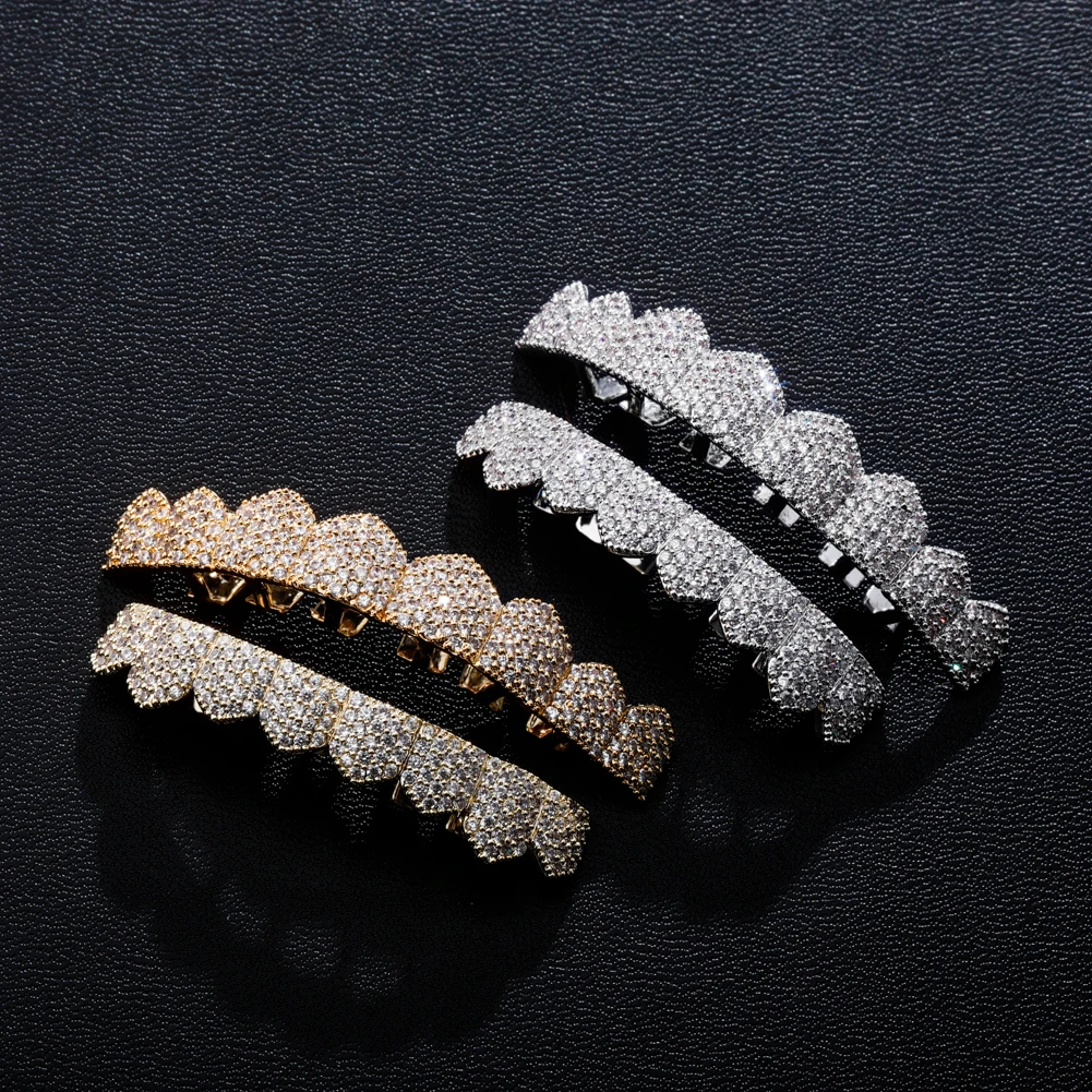 TOPGRILLZ Fit Gold Silver Color Iced Out Hip Hop Teeth Grillz Micro Pave Cubic Zircon Top & Bottom Teeth Grills Set