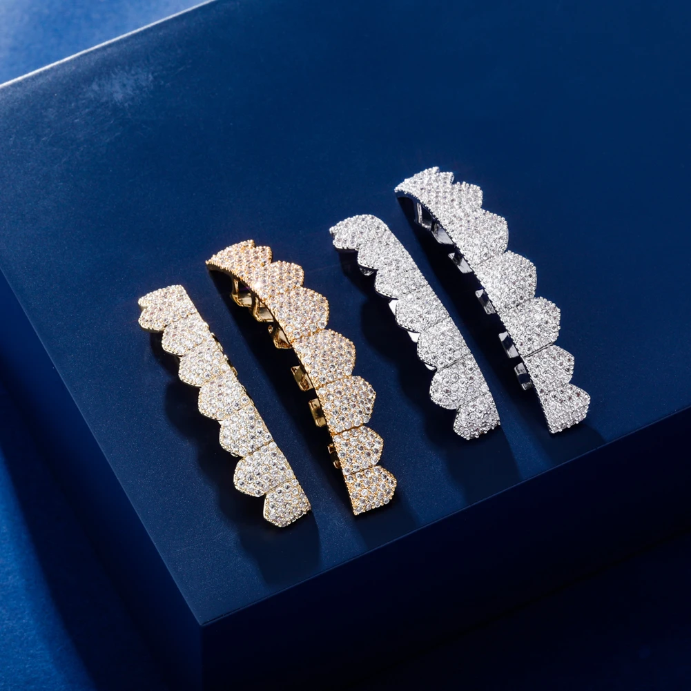 TOPGRILLZ Fit Gold Silver Color Iced Out Hip Hop Teeth Grillz Micro Pave Cubic Zircon Top & Bottom Teeth Grills Set