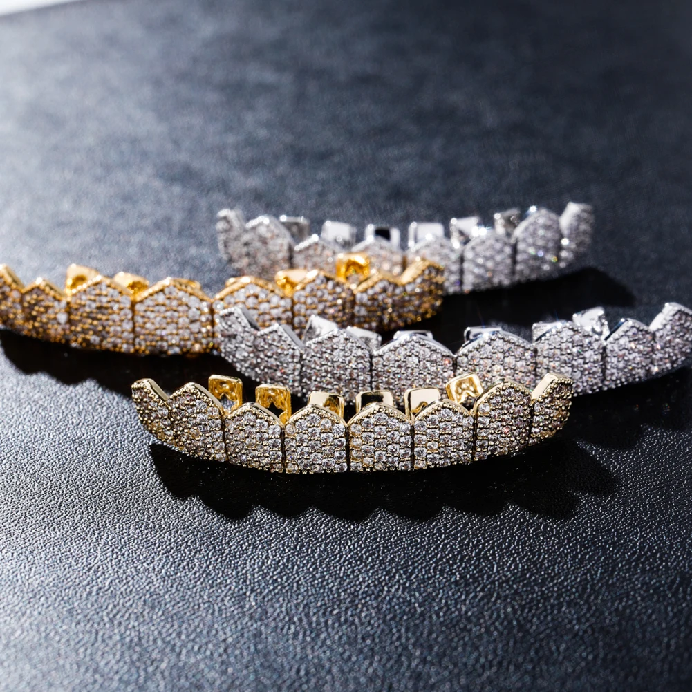 TOPGRILLZ Fit Gold Silver Color Iced Out Hip Hop Teeth Grillz Micro Pave Cubic Zircon Top & Bottom Teeth Grills Set