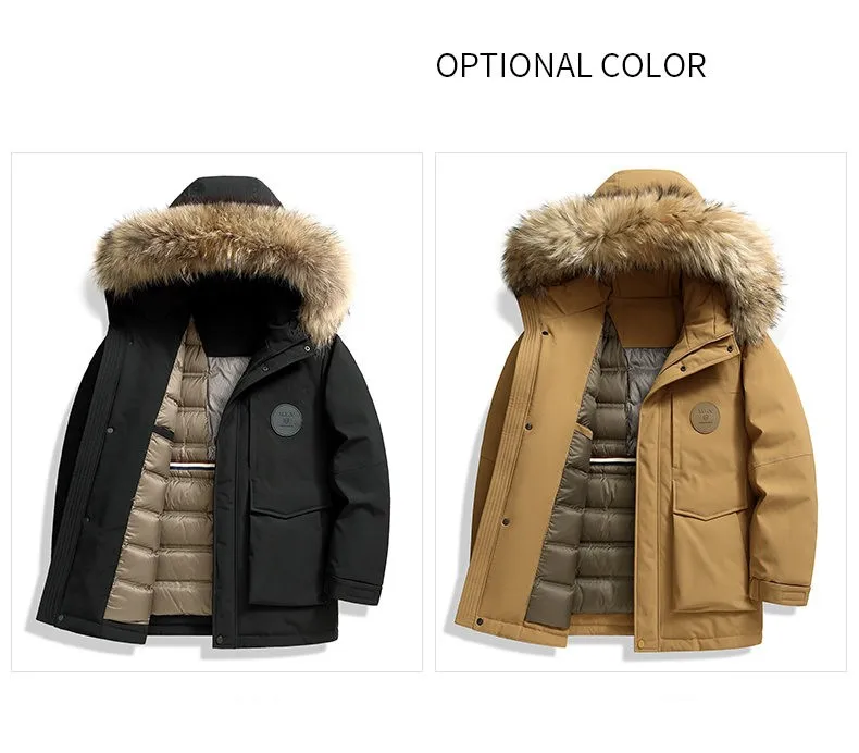 Mens Parka With Detachable Raccoon Fur Hood 90 Percent Duck Down Jacket For Men Heavy Duty Winter Coat Warm Workwear Parka