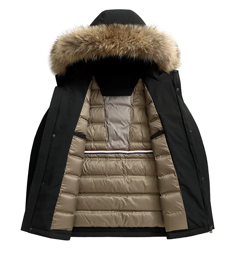 Mens Parka With Detachable Raccoon Fur Hood 90 Percent Duck Down Jacket For Men Heavy Duty Winter Coat Warm Workwear Parka