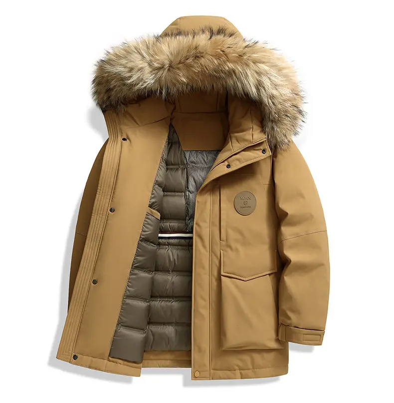 Mens Parka With Detachable Raccoon Fur Hood 90 Percent Duck Down Jacket For Men Heavy Duty Winter Coat Warm Workwear Parka