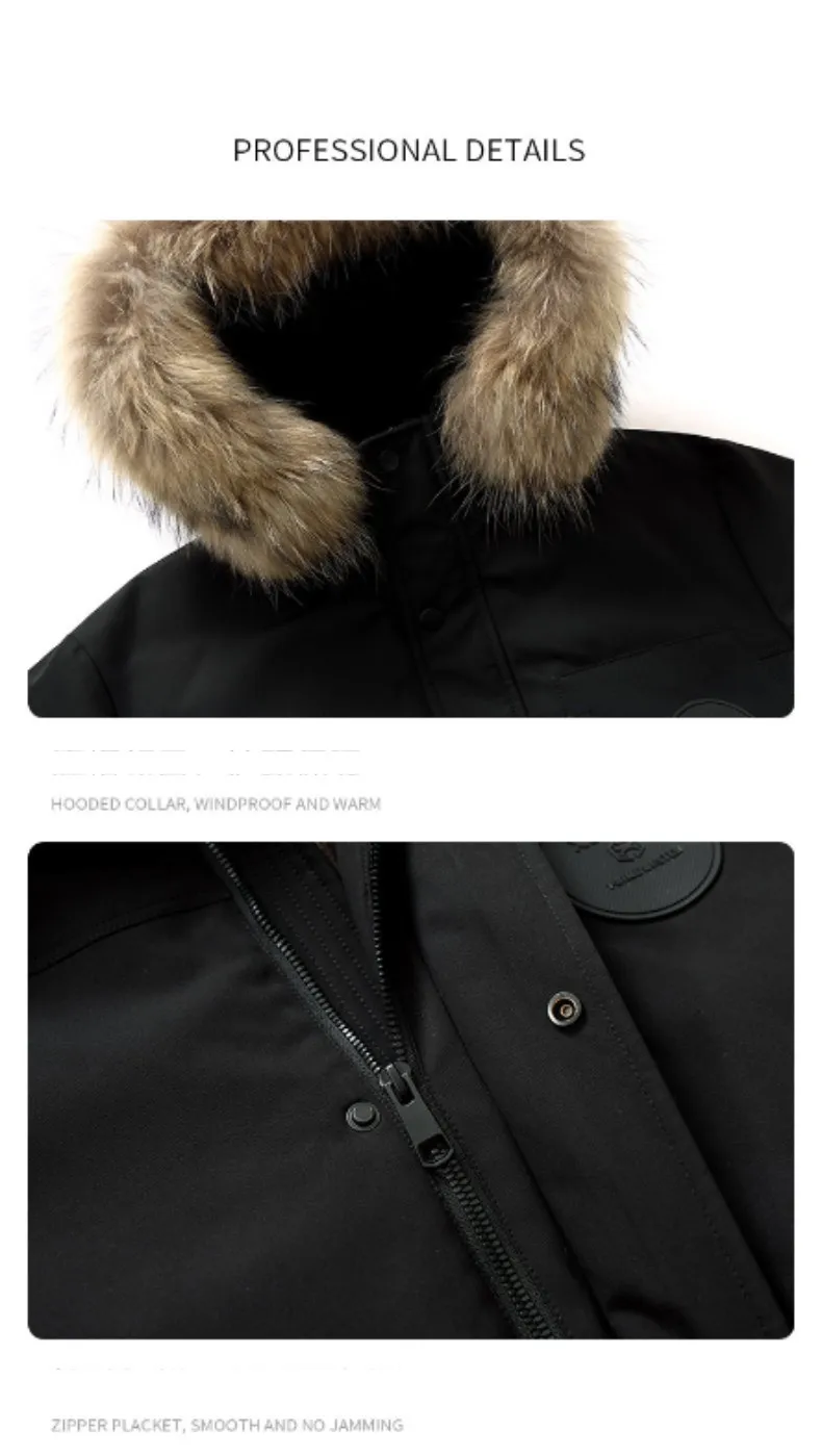 Mens Parka With Detachable Raccoon Fur Hood 90 Percent Duck Down Jacket For Men Heavy Duty Winter Coat Warm Workwear Parka