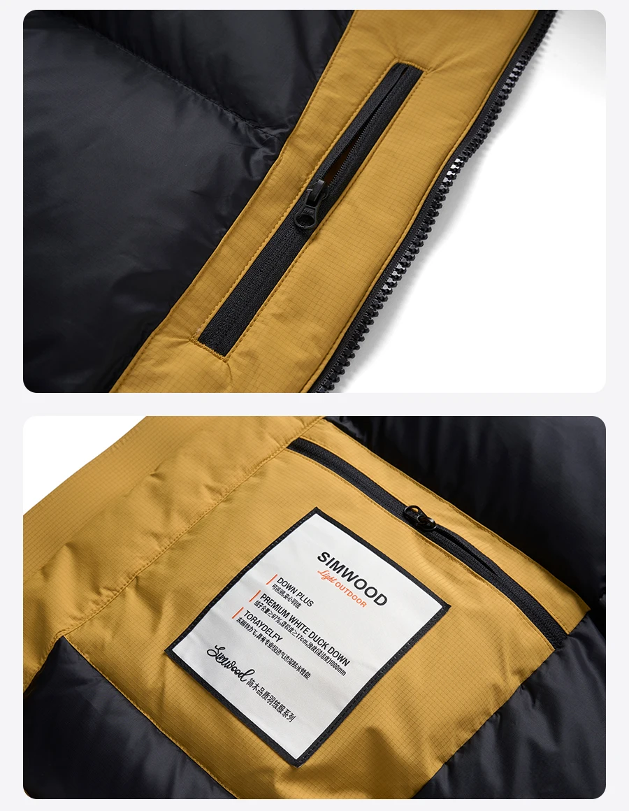 SIMWOOD 2026 Winter New Water Repellent Fabric 90% White Duck Down Coats Men Warm Hooded Plus Size Jackets