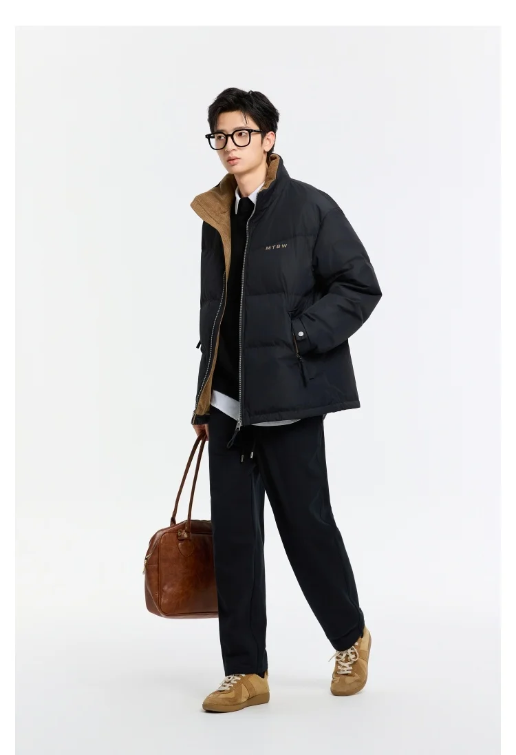 Metersbonwe Men's Winter Puffer Jacket Short Thickened down Coat Stand Collar Outdoor Elastic Cuffs Duck down Filling Trendy