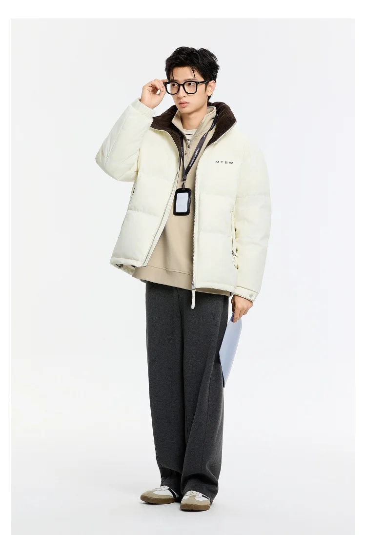 Metersbonwe Men's Winter Puffer Jacket Short Thickened down Coat Stand Collar Outdoor Elastic Cuffs Duck down Filling Trendy
