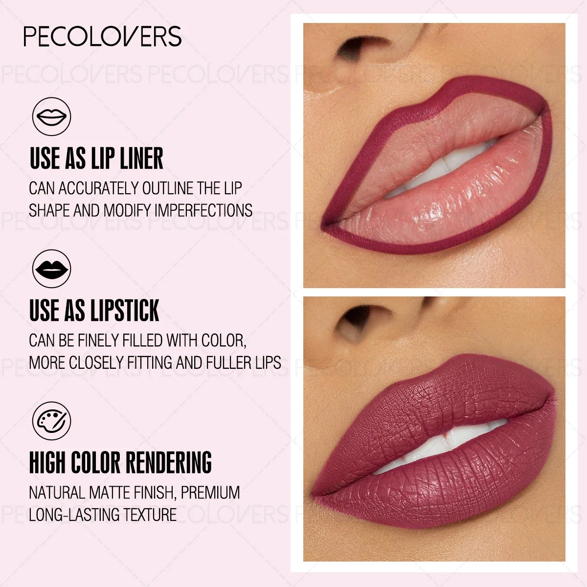 Matte Lip Liner Pencil, Waterproof Sweatproof Long-Lasting, Smooth Pigmented, Twist-Up, for Lip Shaping, Beginner-Friendly