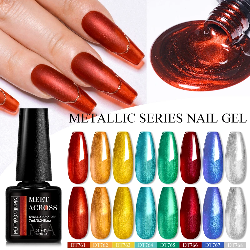 MEET ACROSS 7ml Red Metallic Gel Nail Polish Gold Silver Mirror Nail Art Varnish Glitter Sparkly Semi Permanent Soak Off UV Gel