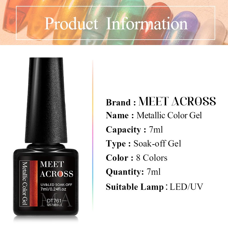 MEET ACROSS 7ml Red Metallic Gel Nail Polish Gold Silver Mirror Nail Art Varnish Glitter Sparkly Semi Permanent Soak Off UV Gel