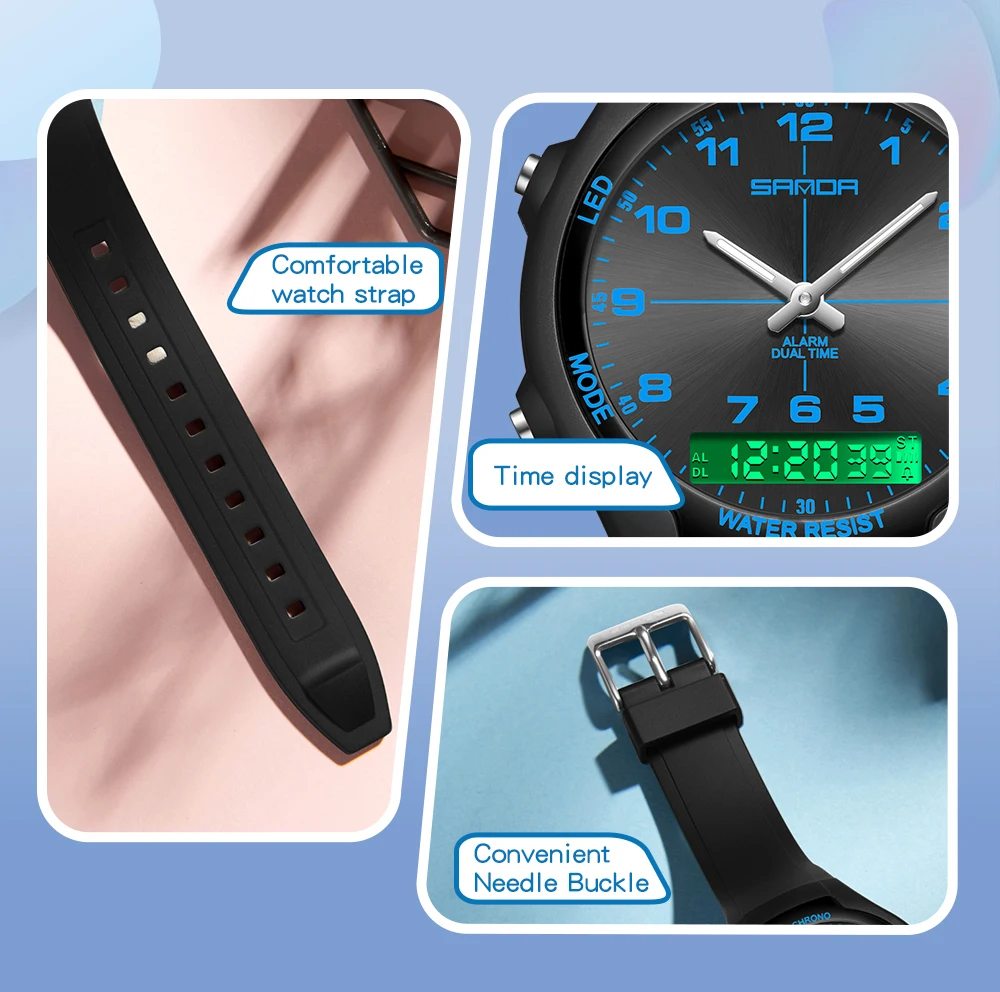 SANDA6320 New Dual Display Electronic Watch Fashion Waterproof Women's Watch Night Light Student Quartz Sports Watch Men's Clock